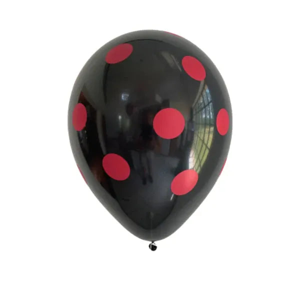 Printed Polka Red on Black Fashion All Over Print Latex Balloons, Sempertex 12 Inch 30cm Balloons 50 Pack