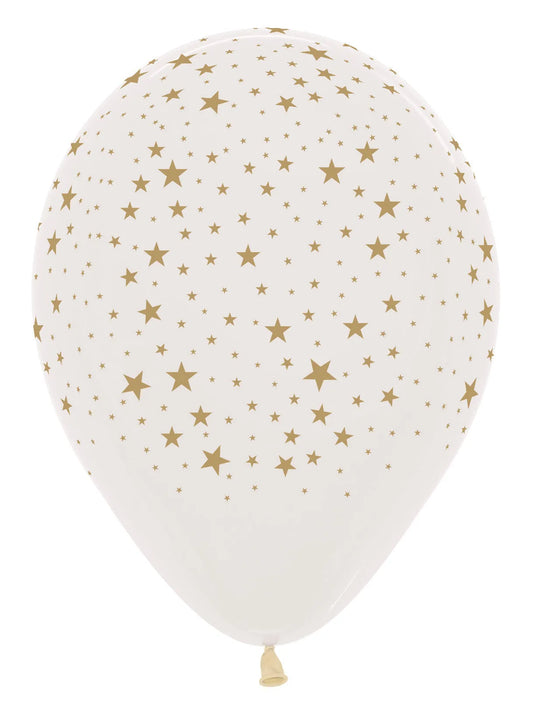 Printed Golden Stars on Crystal Clear All Over Print, Sempertex 5 Inch 13cm Balloons 50 Pack