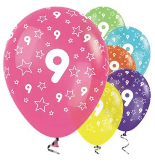 Printed Number 9 Assorted Fashion All Over Print Latex Balloons, Sempertex 12 Inch 30cm Balloons 50 Pack