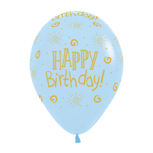 Printed Happy Birthday Sunshine Pastel Matte Blue All Over Print Latex Balloons, Sempertex 12 Inch 30cm Balloons 50 Pack